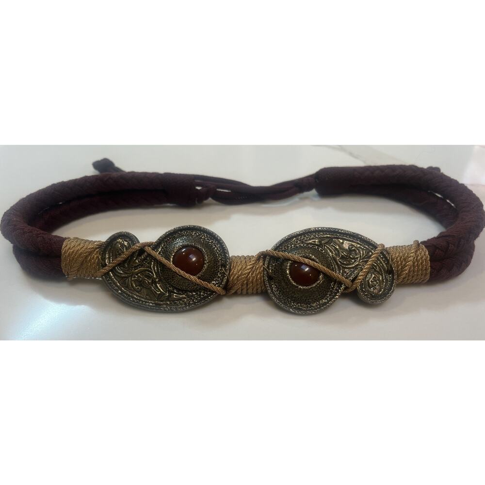 Vintage Graziano Rope Belt Adjustable Medallion Boho Statement Burgundy Gold Xs
